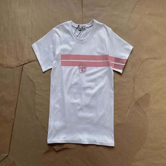 Stone Island Pink Stripe Printed White Short Sleeve